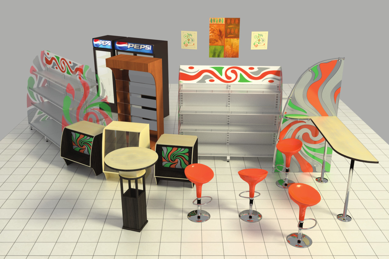 3D-визуализация интерьера, модели мебели и торгового оборудования
